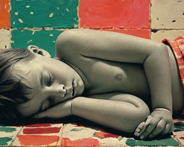 Child Asleep on Colorful Tiled Surface with Vibrant Colors