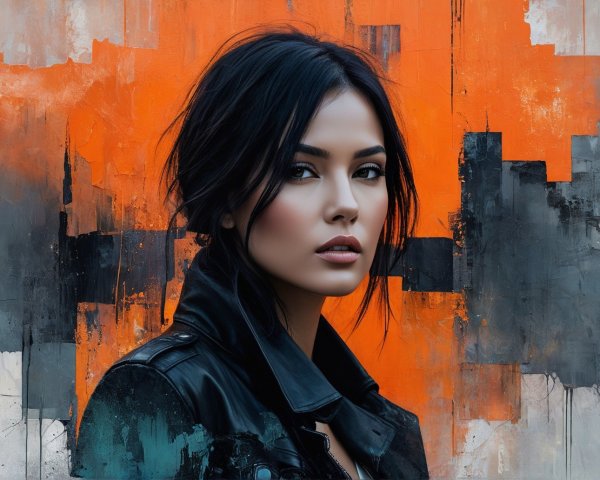 Portrait of a woman in leather jacket with bold background