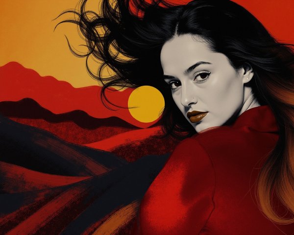 Monochromatic Portrait of a Woman with Stylized Landscape