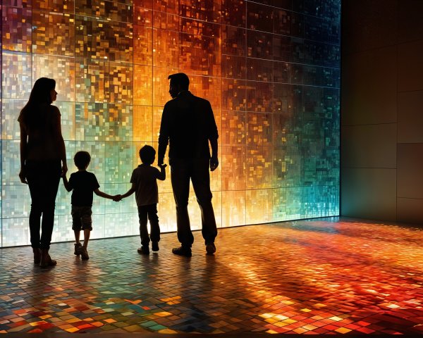 Family Silhouette Against Colorful Light Wall