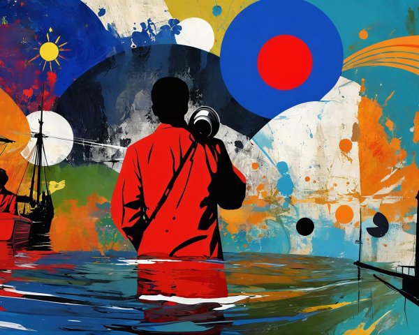 Mixed media artwork of a man wading in water