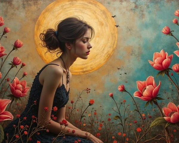 Young Woman in Profile Surrounded by Pink Flowers
