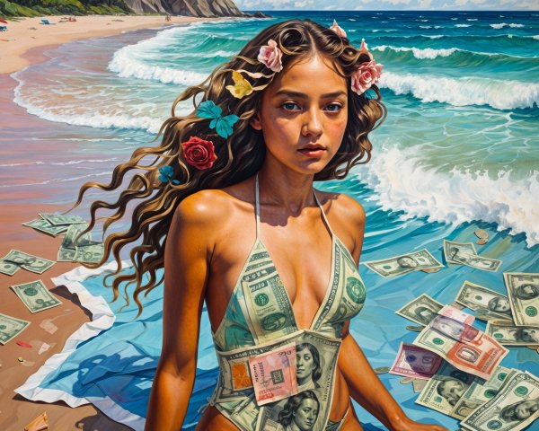 Beach Scene with Woman in Dollar Bill Swimsuit
