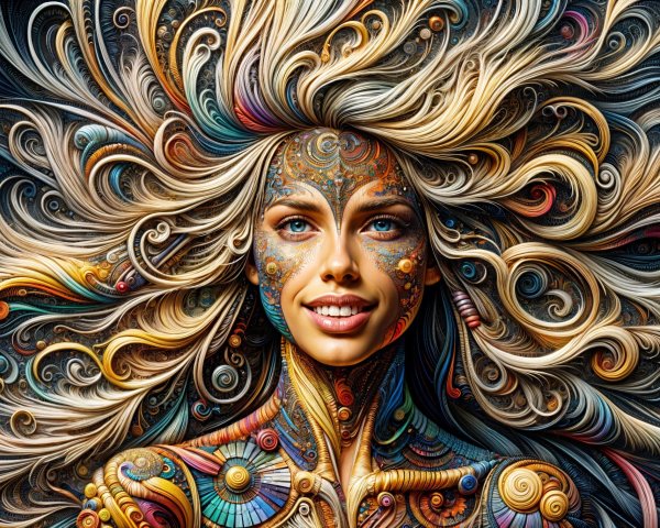 Woman with Intricate Patterns and Colorful Hair