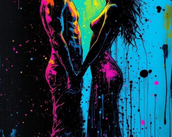 Vibrant Silhouette of Embracing Couple in Neon Colors