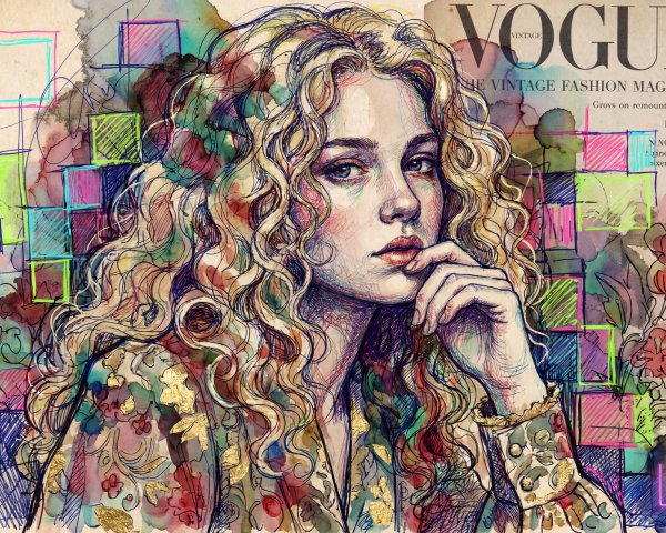 Mixed-media illustration of a thoughtful young woman