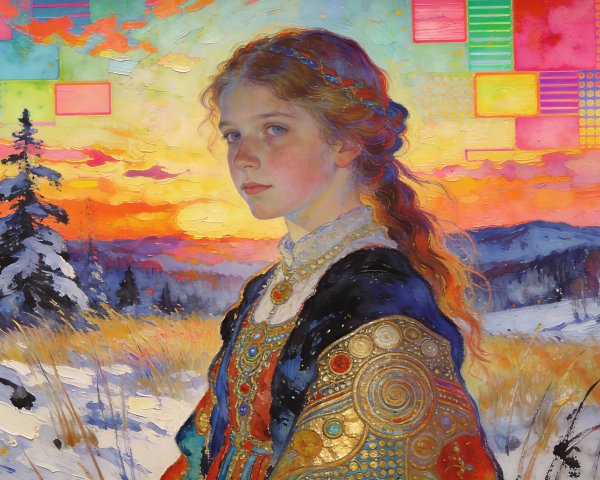 Oil Painting of Girl in Medieval Dress at Sunset