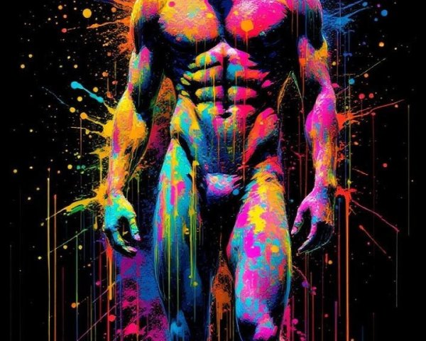 Muscular Man in Vibrant Colors Against Black Background