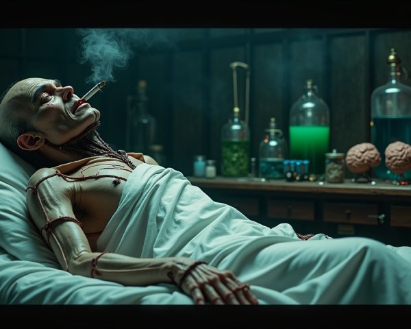 Humanoid Figure on Hospital Bed with Cigarette and Jars