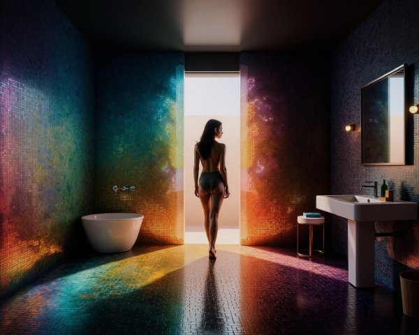 Elegant Woman in Dark Bikini in Stylish Bathroom Setting