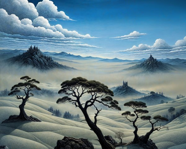 Serene Moonlit Landscape with Twisted Trees and Deer
