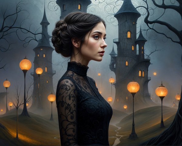 Mysterious Woman in Black Lace Gown in Gothic Landscape