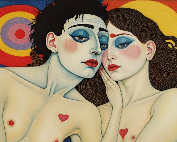 Stylized Figures with Bold Features and Vibrant Background