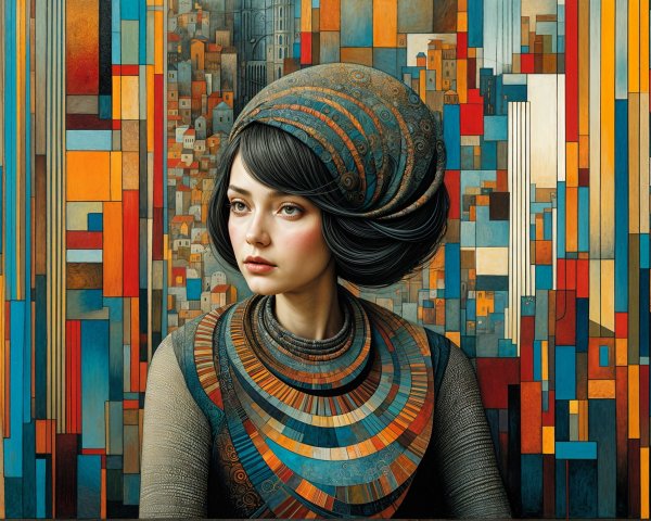 Woman with intricate headpiece in vibrant abstract setting