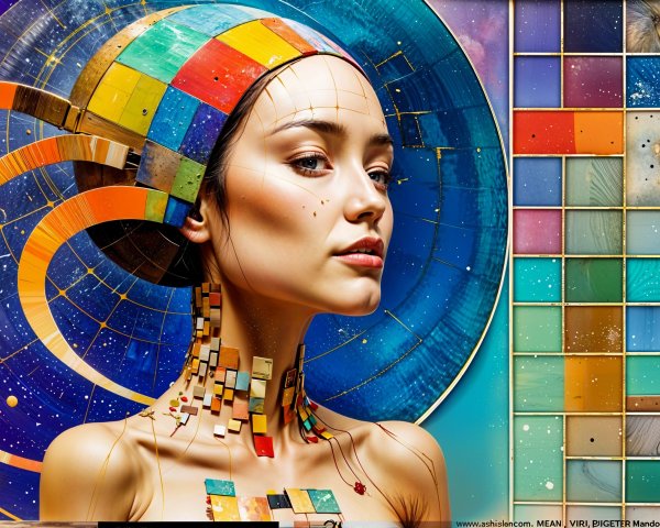 Portrait of a woman with colorful geometric headdress
