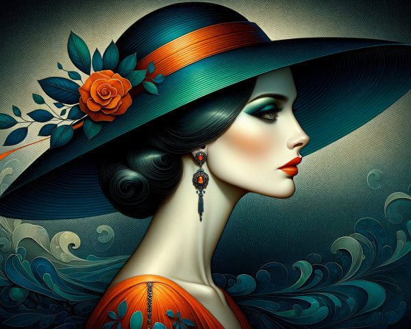 Elegant Woman in Profile with Vibrant Hat and Makeup