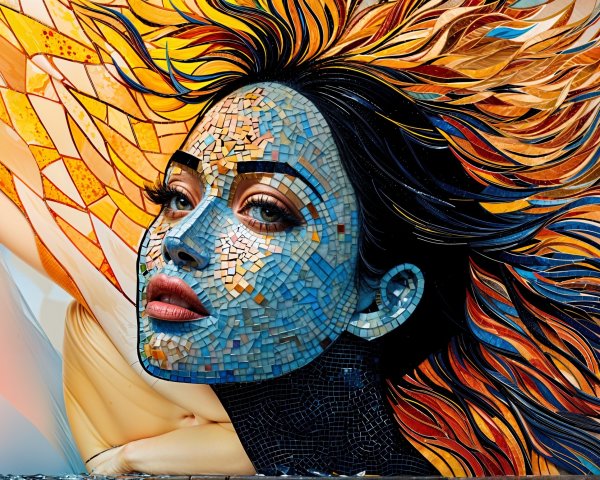 Mural of a woman's face in colorful mosaic tiles