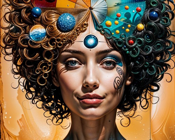 Woman with Curly Hair and Cosmic Halo Illustration