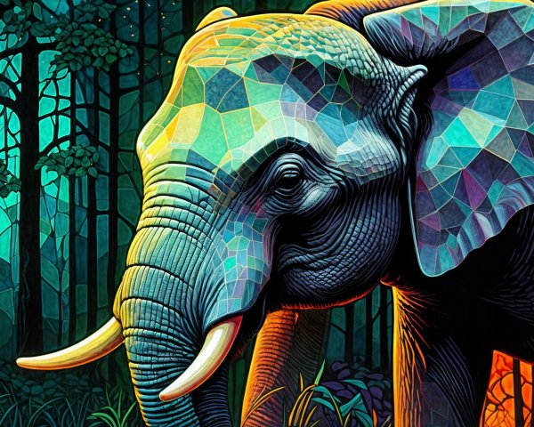 Geometric Elephant in a Mystical Forest Setting