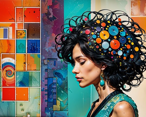 Profile of a Woman with Curly Hair and Abstract Background