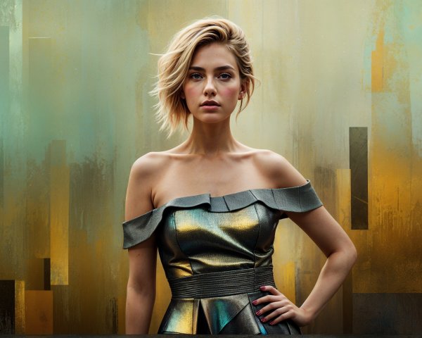 Confident Woman in Off-Shoulder Dress Against Abstract Colors