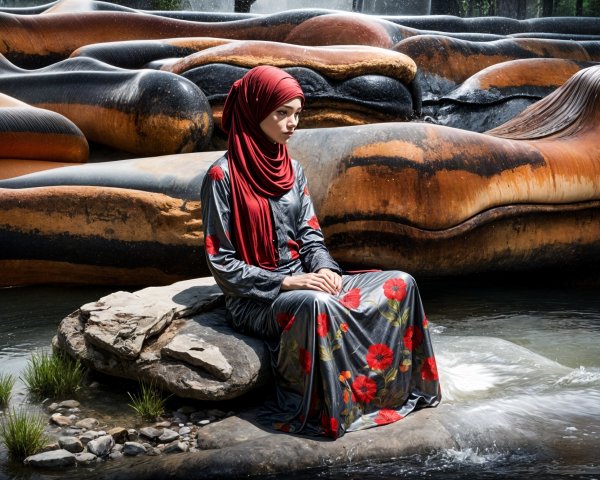 Young woman in black dress by serene water setting