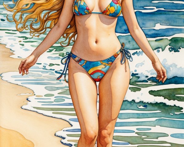 Woman in Colorful Bikini Walking on Beach Scene
