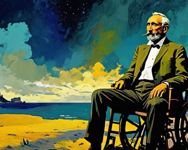 Stylized Painting of an Elderly Man on a Beach