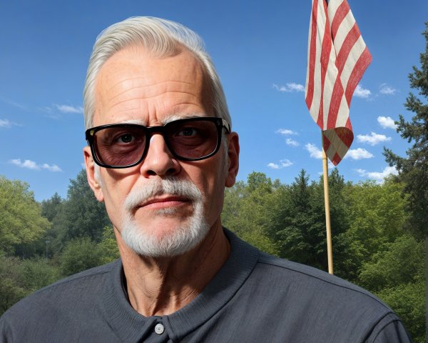 Mature man in sunglasses against forest and flag