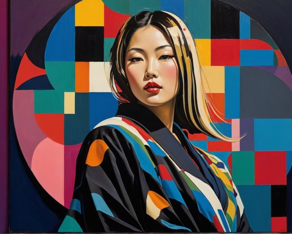 Portrait of a Woman in Colorful Kimono with Abstract Background