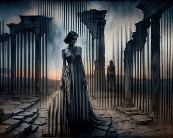 Solitary Figure in Dreamlike Ruins with Ethereal Light
