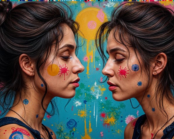 Profile View of Two Identical Women with Face Paint