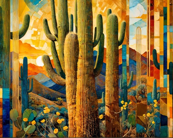 Vibrant Desert Landscape with Cacti and Colorful Mountains