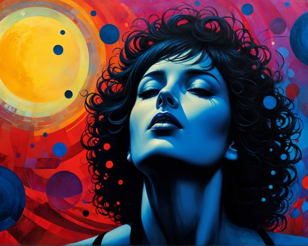 Striking Woman with Blue Tinted Face and Colorful Background