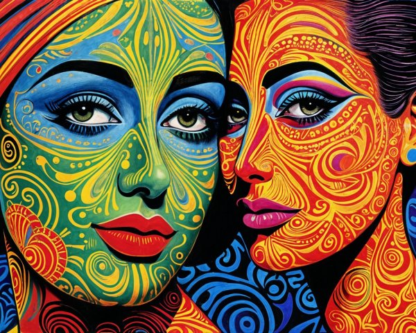 Vibrant Face Paint on Two Women with Bold Colors