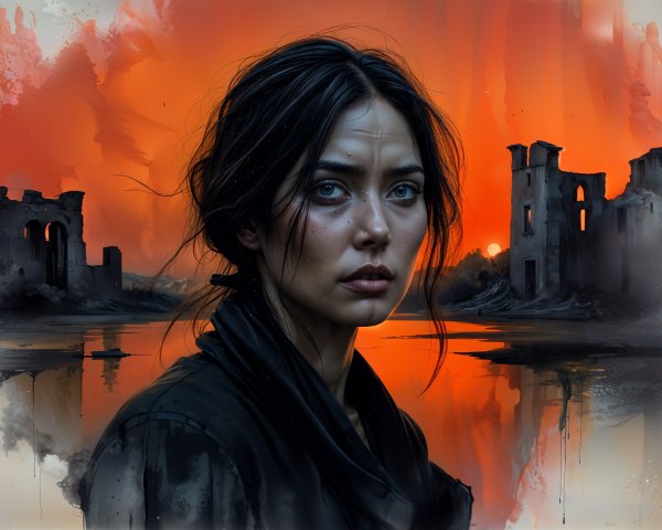 Young woman in contemplation against orange sky
