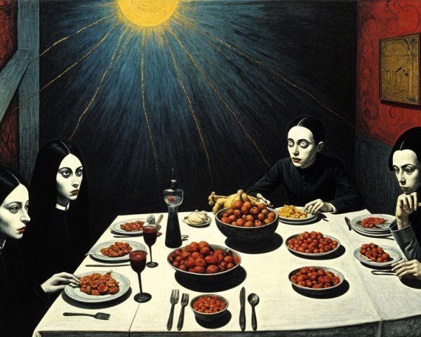 Surreal Dinner Scene with Women and Dramatic Lighting