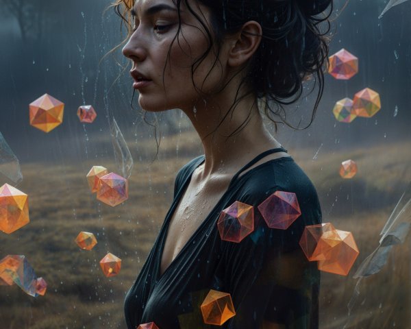 Contemplative Woman in Misty Surreal Landscape