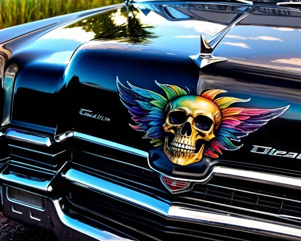 Sleek Black Cadillac with Colorful Skull Hood Ornament