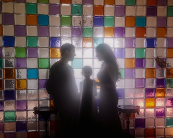 Silhouetted Family Against Colorful Glass Block Wall