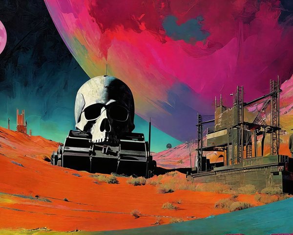 Surreal Sci-Fi Landscape with Robotic Skull and Moon