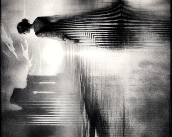 Ethereal Figure in Dreamlike Landscape with Stripes