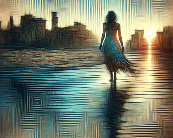 Woman in flowing dress by sunset shoreline with skyline