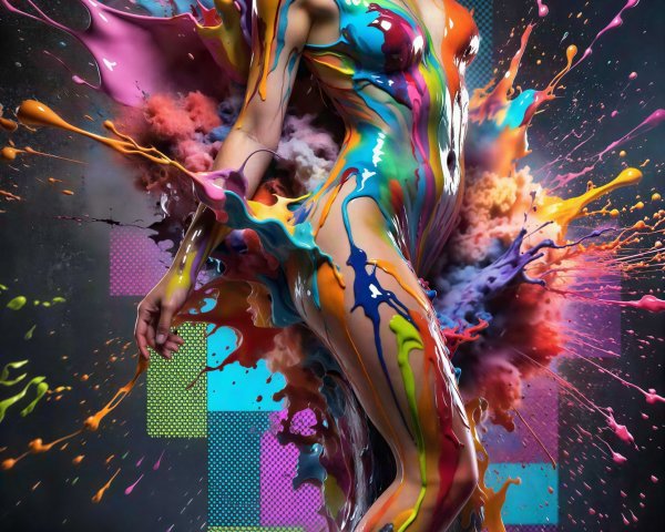 Full body portrait of a woman in vibrant paint explosion