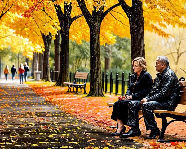 Serene Park Scene with Autumn Trees and Fallen Leaves