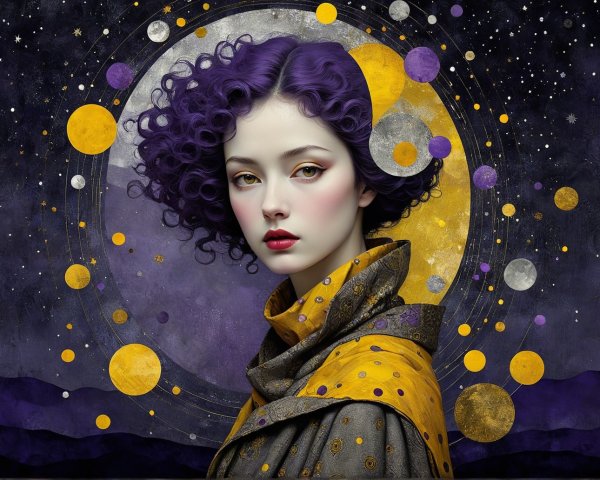 Young Woman with Purple Hair Against Starry Sky
