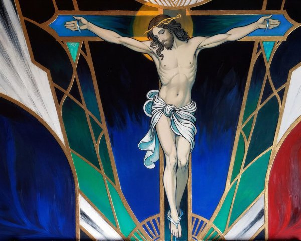 Modern Painting of Jesus on a Golden Cross