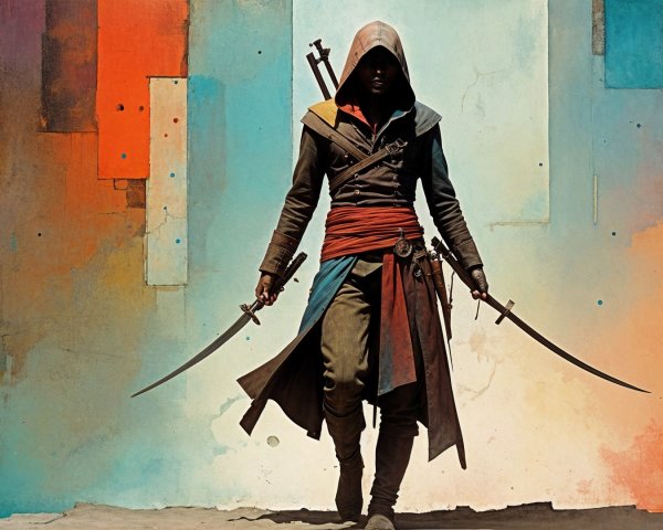Cloaked Figure with Twin Curved Swords in Abstract Setting