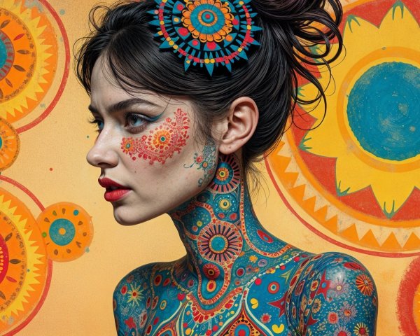 Colorful Body Art on Woman's Side Profile