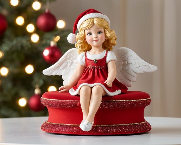 Holiday Figurine of Girl with Wings and Christmas Tree